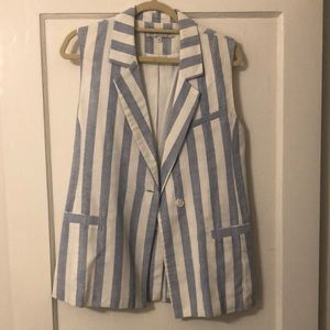 English Factory Blue and White Striped Linen Sleeveless Blazer